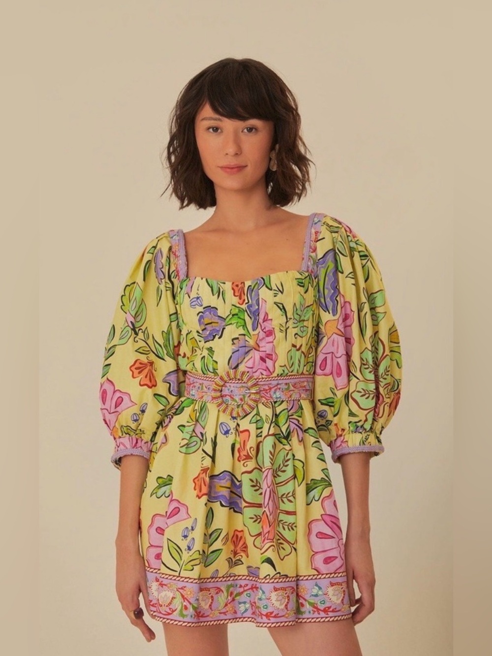 Farm Rio - Floral Puff-Sleeve Mini Dress in Yellow (worn once)